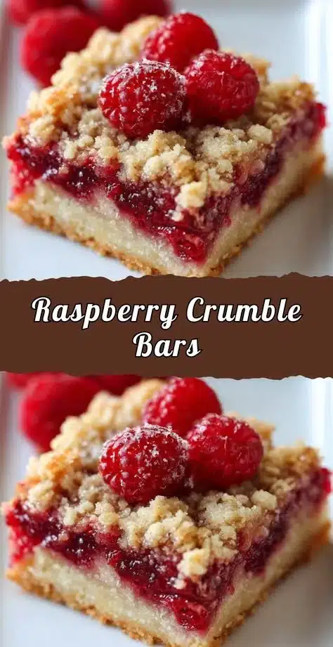 Delicious raspberry crumble bars with a golden crumble topping and fresh raspberries