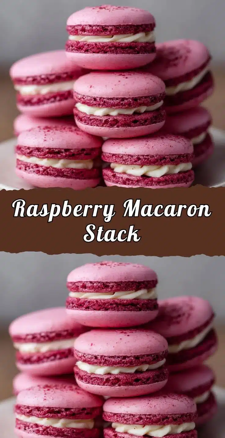 Raspberry Macaron Stack featuring vibrant pink macarons filled with raspberry cream