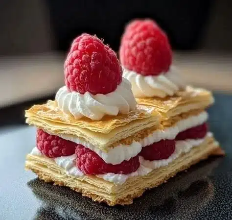 Raspberry Mille-Feuille cookies showcasing layers of flaky pastry and fresh raspberries