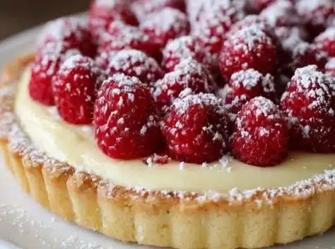 Raspberry White Chocolate Tart topped with fresh raspberries and white chocolate shavings.