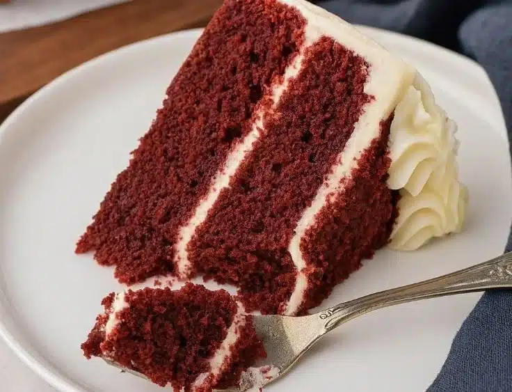 Moist Red Velvet Buttermilk Cake with cream cheese frosting on a plate
