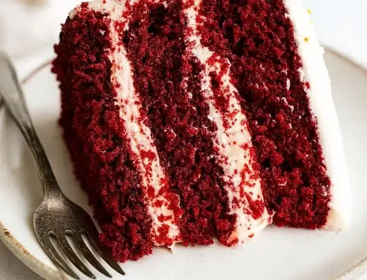 Delicious red velvet cake with cream cheese frosting on a decorative plate.