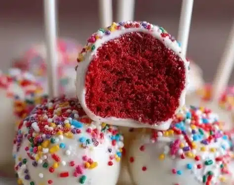 Red Velvet Cake Pops 2 Delicious red velvet cake pops decorated with cream cheese frosting and sprinkles.
