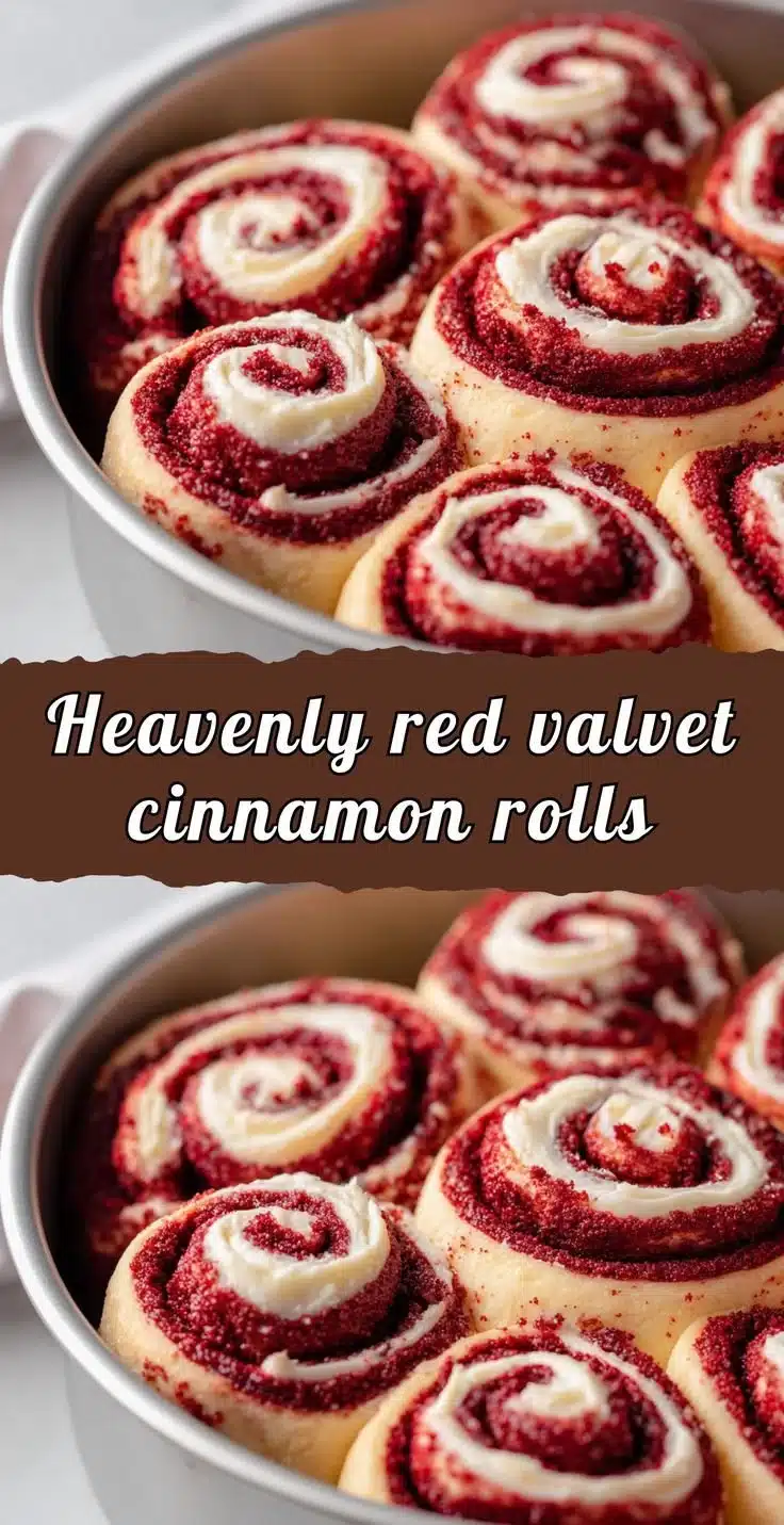 Red velvet cinnamon rolls topped with cream cheese frosting on a plate