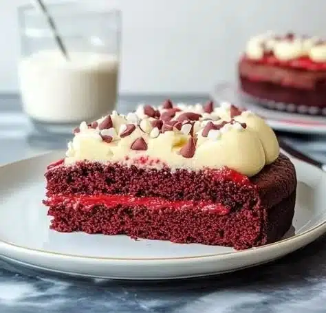 Delicious Red Velvet Cookie Cake topped with cream cheese frosting.