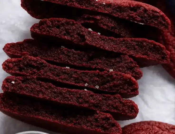 Freshly baked Red Velvet Cookies on a plate, decorated with cream cheese frosting.