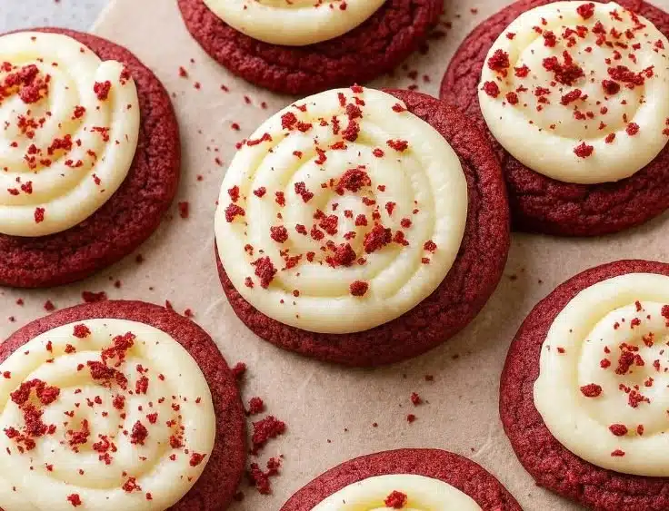 Delicious red velvet cupcake cookies with creamy frosting on top