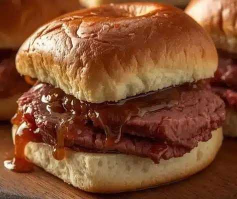 Savory roast beef sliders served on a platter with fresh ingredients