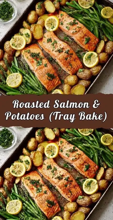 Oven-roasted salmon with potatoes on a tray, garnished with herbs.