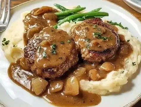 Delicious homemade Salisbury Steak served with gravy and sides.