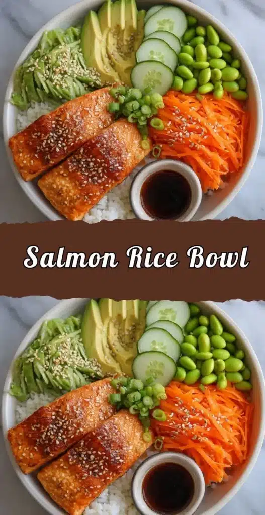 Delicious salmon rice bowl topped with fresh herbs and vegetables