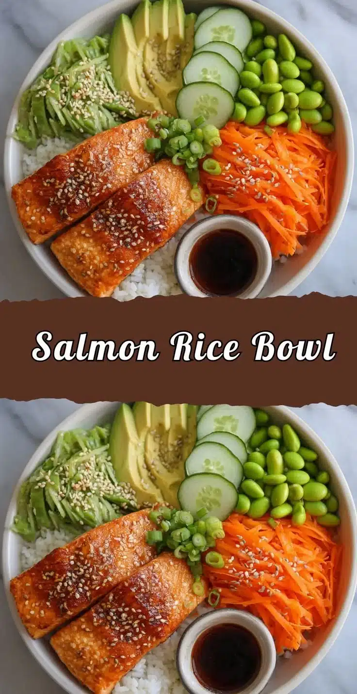 Delicious salmon rice bowl topped with fresh herbs and vegetables