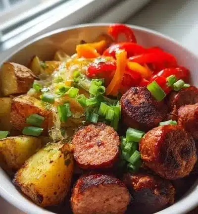 Delicious sausage and potato breakfast bowls ready to be served.