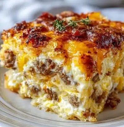 Sausage egg and cream cheese hashbrown casserole freshly baked and served
