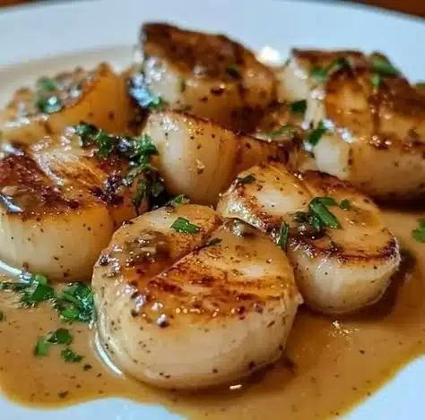 Plate of seared scallops with brown butter sauce garnished with herbs.