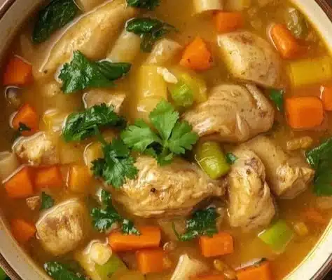 Bowl of delicious Sicilian Chicken Soup with fresh herbs and vegetables