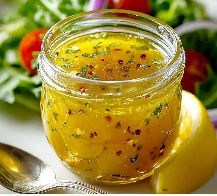 Bowl of Simple Lemon Vinaigrette dressing with fresh ingredients