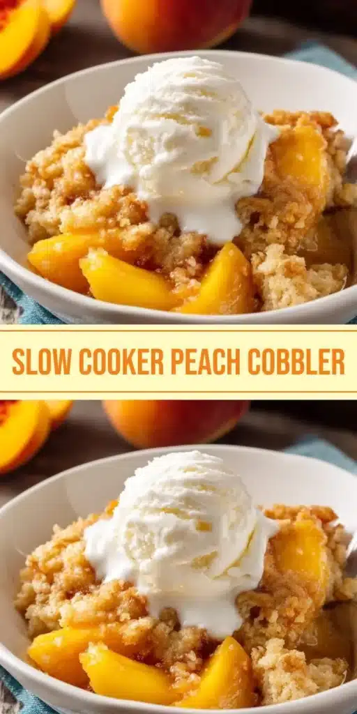 Delicious slow cooker peach cobbler served in a bowl