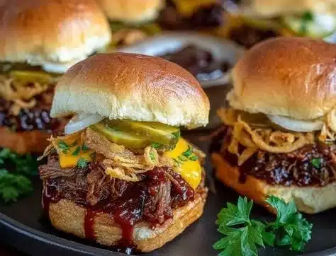 Smoky BBQ Cowboy Sliders served with coleslaw on a rustic table