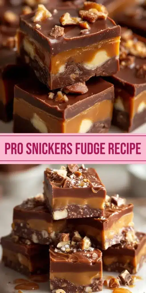 Delicious Snickers Fudge with chocolate, caramel, and peanuts