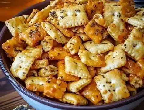 Spicy Cheese Cracker Mix bowl showcasing crunchy cheesy snacks
