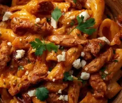 Plate of spicy chicken chipotle pasta garnished with herbs and parmesan cheese