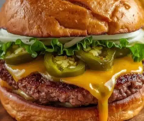 Delicious Spicy Jalapeño Burger with Pepper Jack cheese and fresh jalapeños