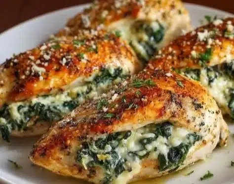 Juicy spinach and mozzarella stuffed chicken breast sliced on a plate