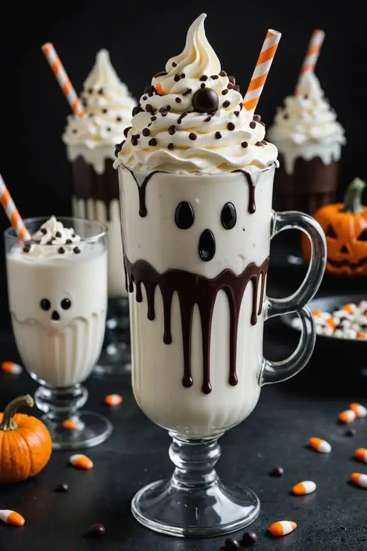 Spooky ghostly vanilla milkshake with whipped cream and chocolate drizzle