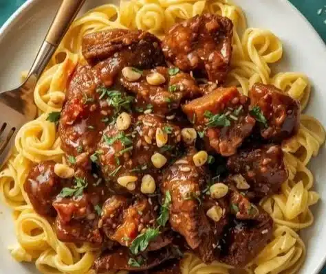 Sticky Honey Garlic Steak served with rotini pasta on a plate
