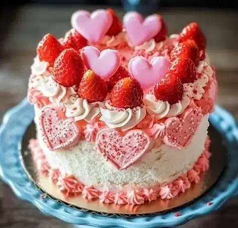 Delicious strawberry cake topped with rich cream cheese frosting.