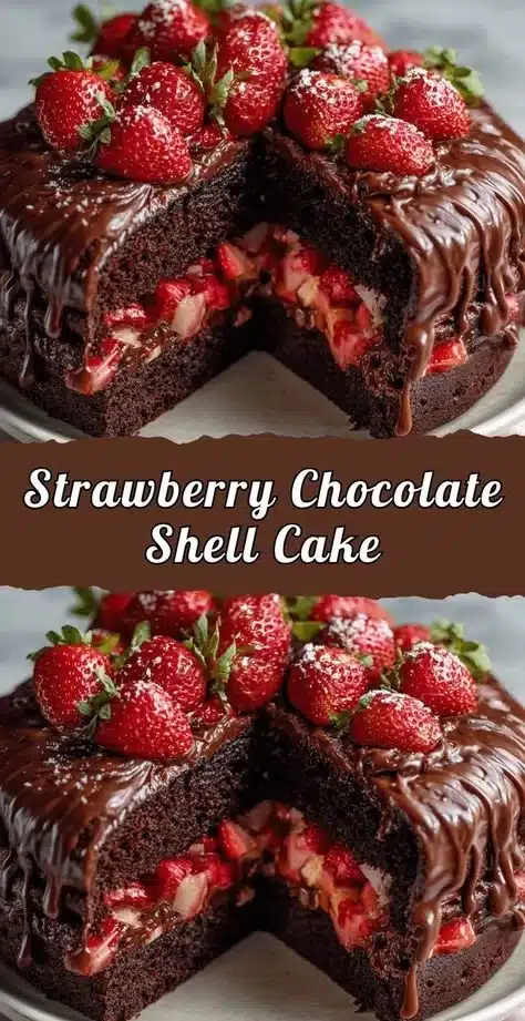 Strawberry Chocolate Cake with a chocolate shell and fresh strawberries