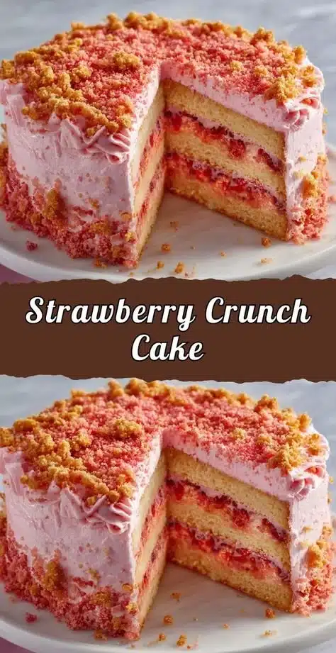 Delicious strawberry crunch cake topped with fresh strawberries and a crunchy layer