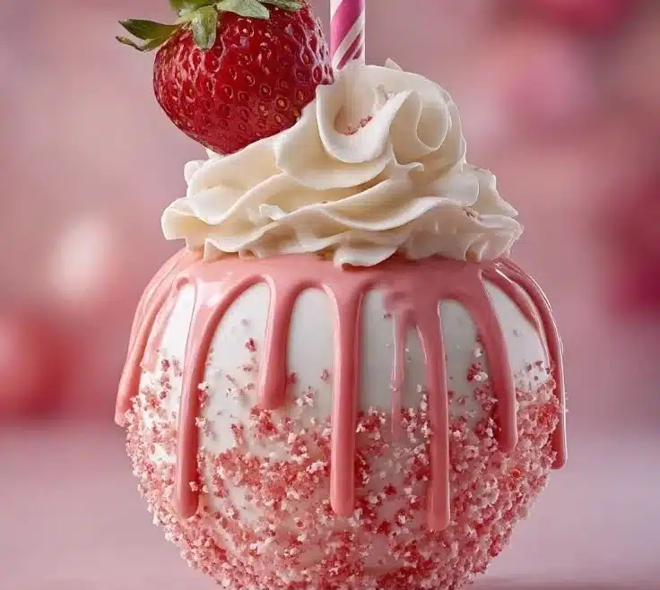 Strawberry Crunch Cheesecake Candy Apples with creamy cheesecake drizzled in chocolate