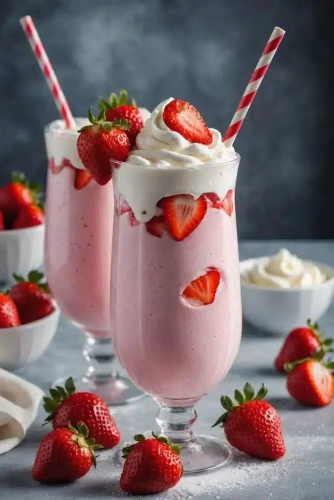 Delicious homemade strawberry milkshake topped with whipped cream and strawberries