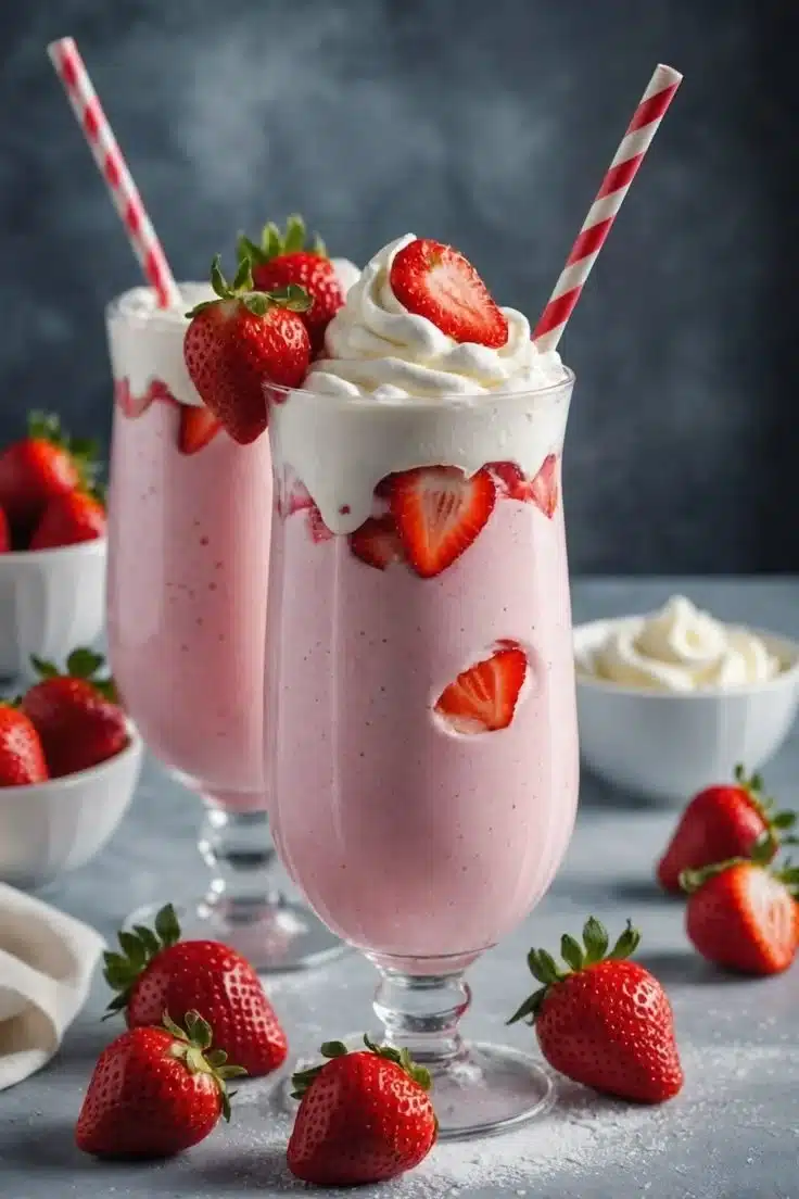 Delicious homemade strawberry milkshake topped with whipped cream and strawberries