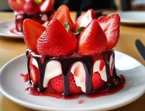 Delicious homemade strawberry mousse topped with fresh strawberries