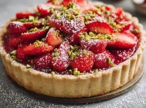 Delicious Strawberry Pistachio Tart with fresh strawberries and a pistachio crust