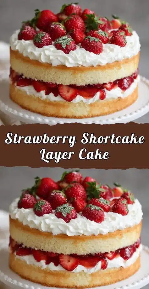 Delicious Strawberry Shortcake Layer Cake with fresh strawberries and whipped cream