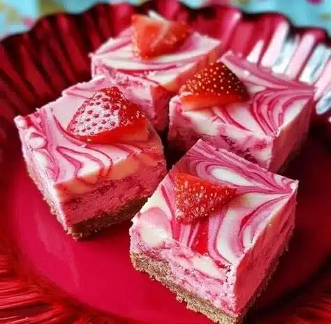 Delicious strawberry swirl fudge with vibrant strawberry swirls on chocolate fudge