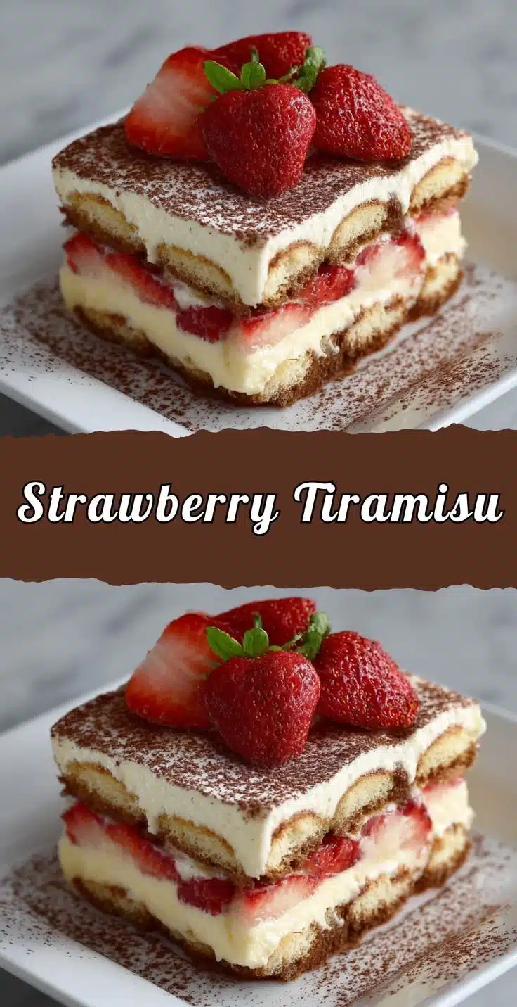Delicious strawberry tiramisu dessert with layers of strawberries and cream