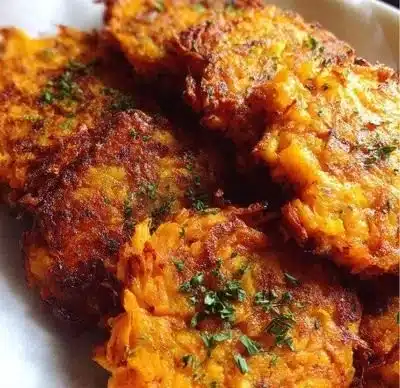Crispy sweet potato hash browns served on a plate with herbs.