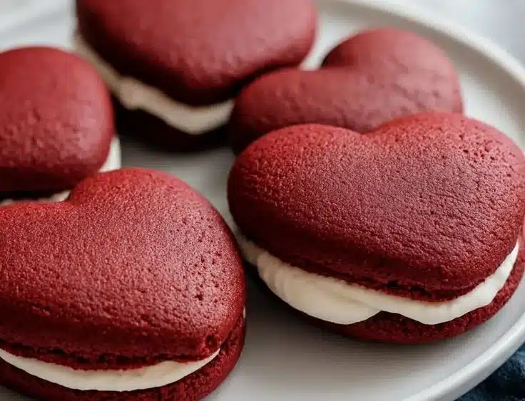 Heart-shaped red velvet whoopie pies with creamy filling