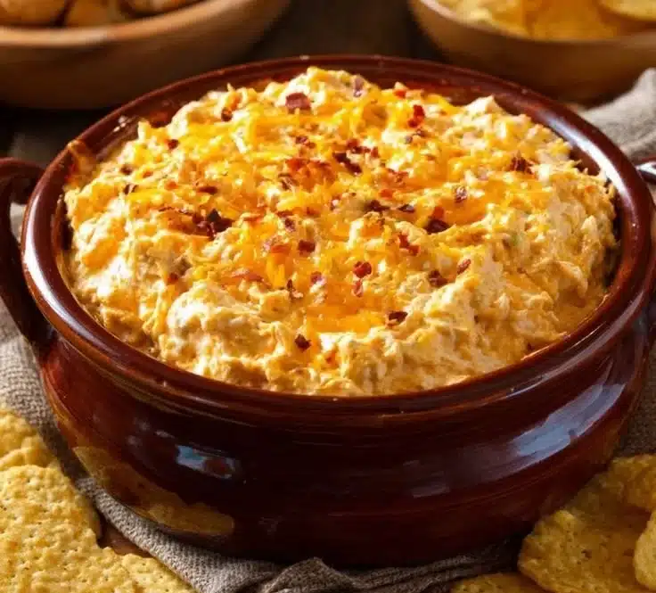 Bowl of Texas Trash Dip served with tortilla chips