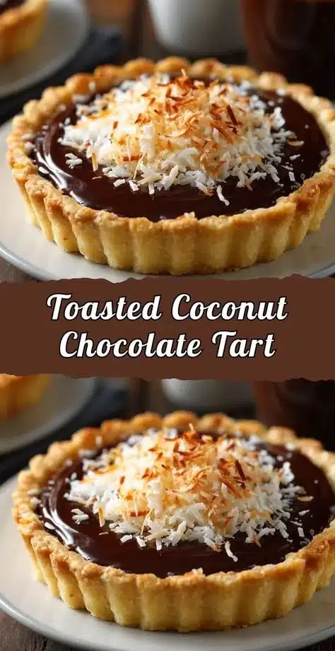 Toasted coconut chocolate tart topped with shredded coconut and chocolate drizzle