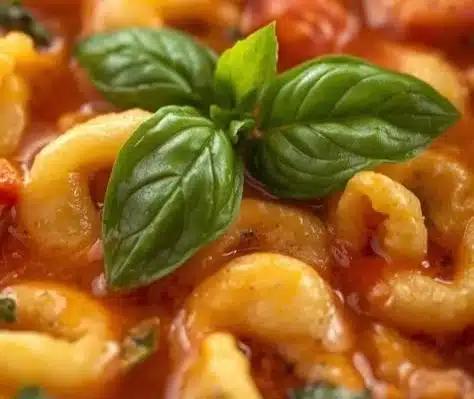 Bowl of homemade Tomato Basil Tortellini Soup garnished with fresh basil.