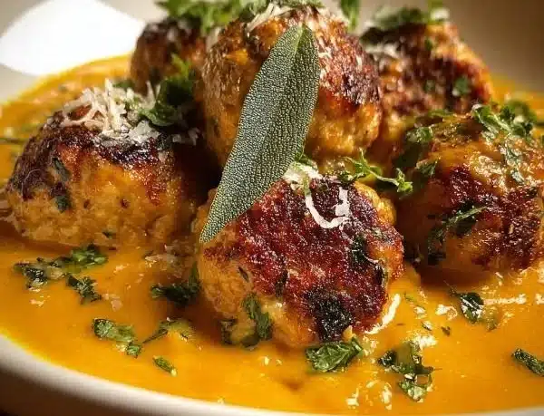 Turkey meatballs served in creamy pumpkin sage sauce on a plate