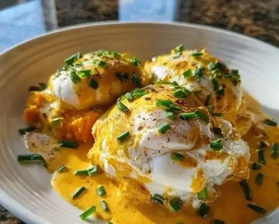 Turmeric sweet potatoes served with poached eggs on a plate.
