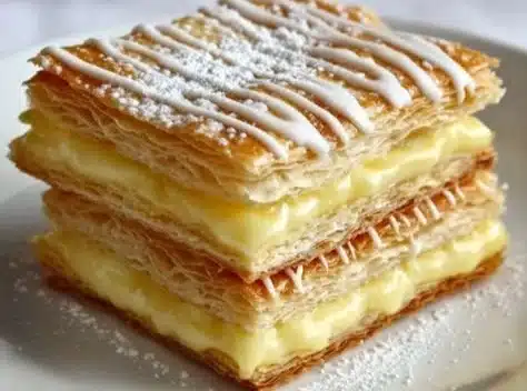 Delicious vanilla custard slice presented in mille-feuille style