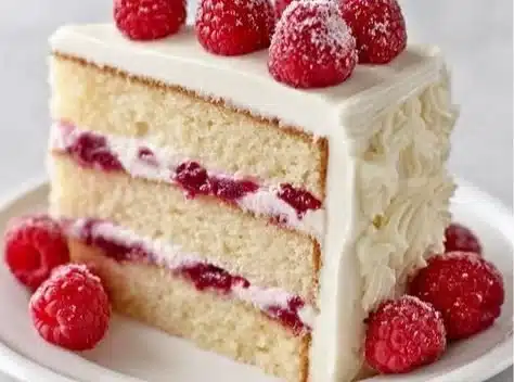 Delicious Vanilla Raspberry Layer Cake with fresh raspberries and fluffy layers
